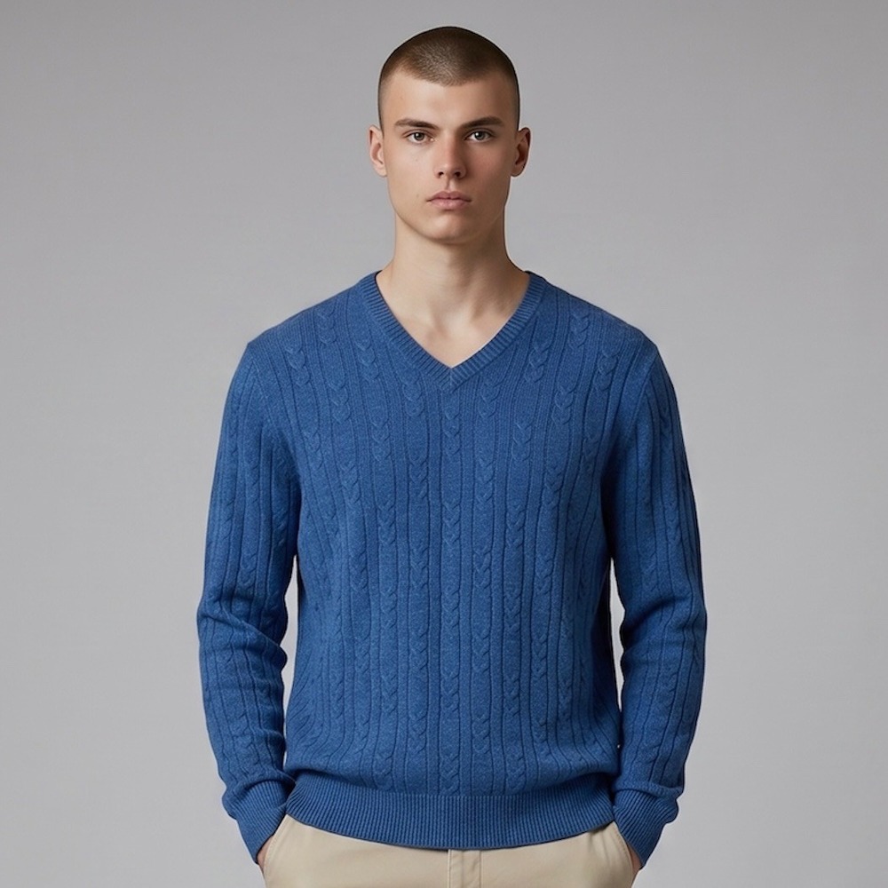 Tasso Elba Cashmere Sweater Mens Large Blue Cable Knit V-Neck Luxury Pullover
